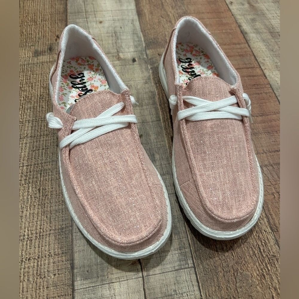 Gypsy Jazz Pink Canvas Slip-On Shoes 6.5 New Casual Loafers Sparkle Preppy Cute
